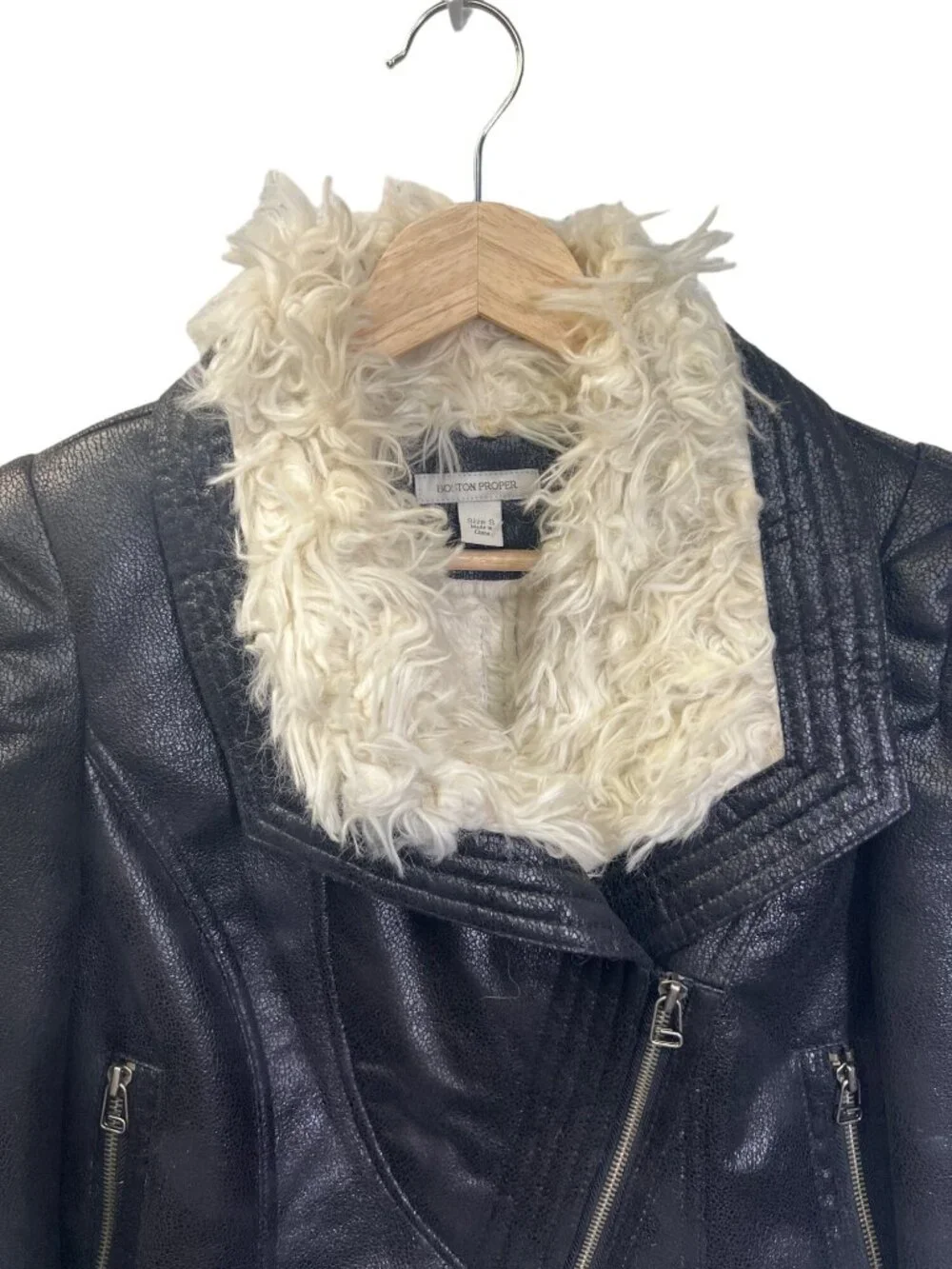Boston Proper Black Faux Leather Off White Shearling Collar Moto Jacket